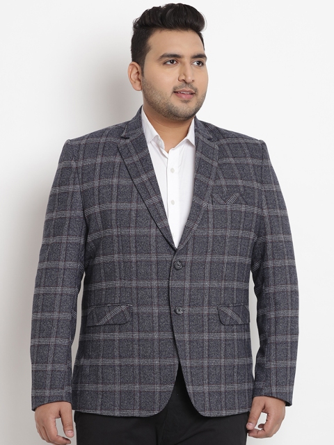 

John Pride Plus Size Men Grey Checked Single-Breasted Blazer