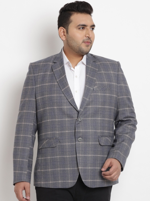 

John Pride Plus Size Men Grey Checked Single-Breasted Blazer