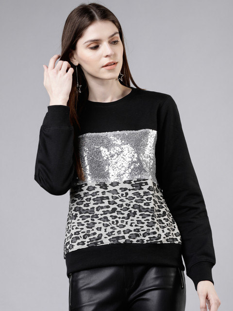 

Tokyo Talkies Women Black & Silver-Toned Printed Camouflage & Sequinned Sweatshirt