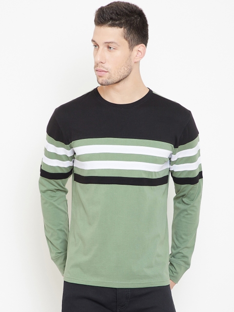 

GRITSTONES Men Green Striped Round Neck T-shirt