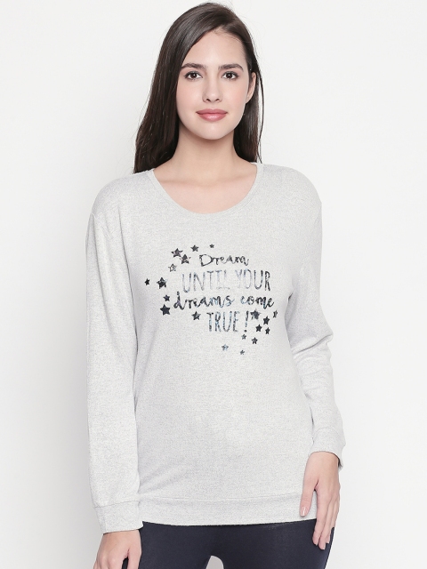 

Dreamz by Pantaloons Women Grey Melange Printed Round Neck Lounge T-shirt