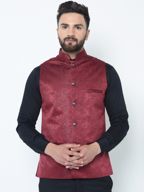 

TAG 7 Men Maroon Woven Design Nehru Jacket