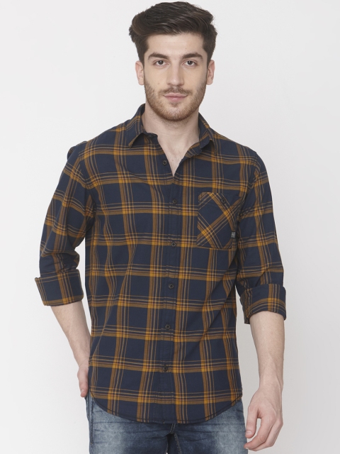 

Mufti Men Navy Blue & Mustard Checked Slim Fit Casual Shirt