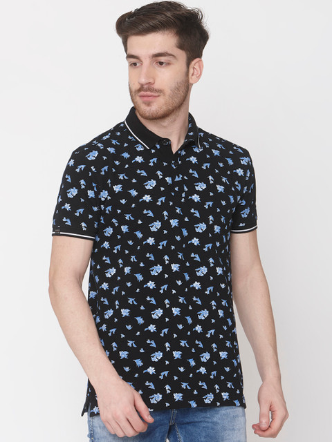 

Mufti Men Black Blue Slim Fit Printed Polo Collar Pure Cotton T-shirt