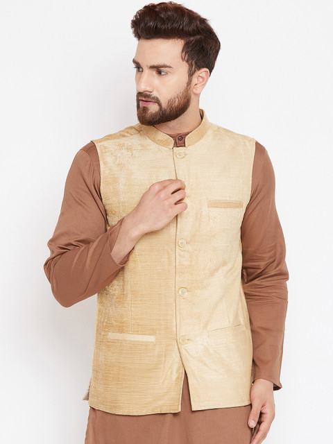 

even Men Beige Solid Nehru Jacket