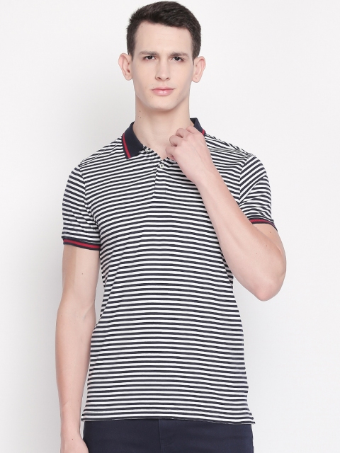 

BYFORD by Pantaloons Men Navy Blue & White Striped Polo Collar T-shirt