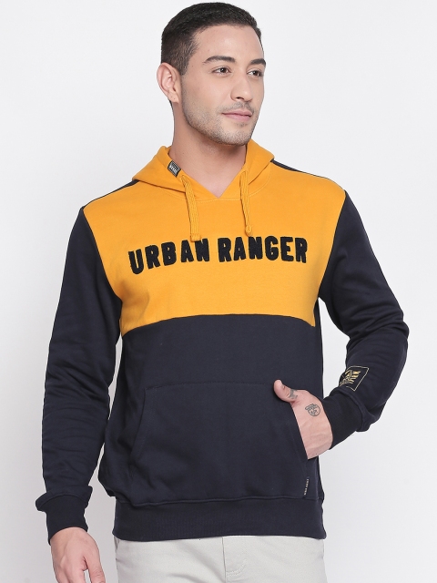 

Urban Ranger by pantaloons Men Mustard Yellow & Navy Blue Colourblocked Hooded Sweatshirt