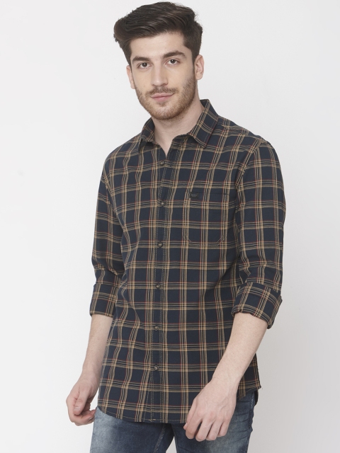 

Mufti Men Navy Blue & Beige Checked Slim Fit Casual Shirt