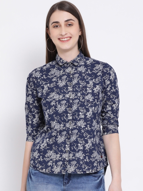 

Crimsoune Club Women Navy Blue & Grey Slim Fit Printed Casual Shirt