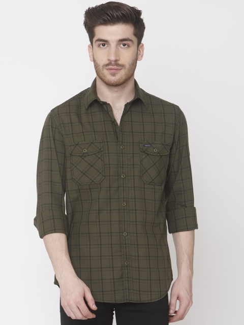 

Mufti Men Olive Green Slim Fit Checked Casual Shirt