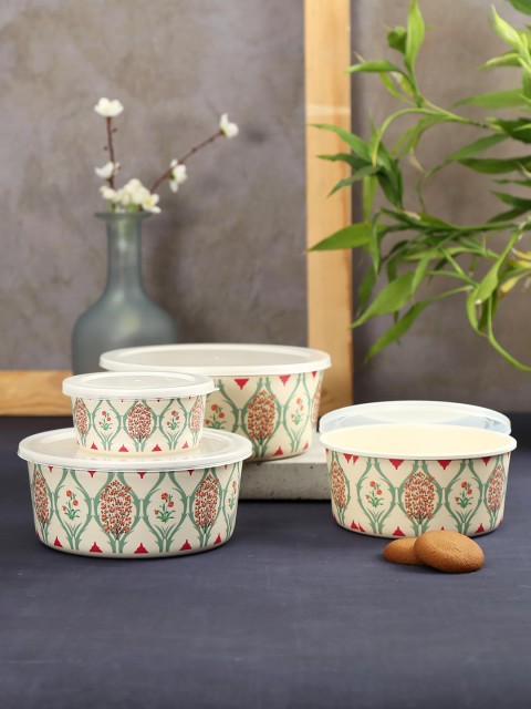 

India Circus by Krsnaa Mehta Set of 4 Cream-Coloured & Green Printed Lattice Blooms Bamboo Storage Boxes