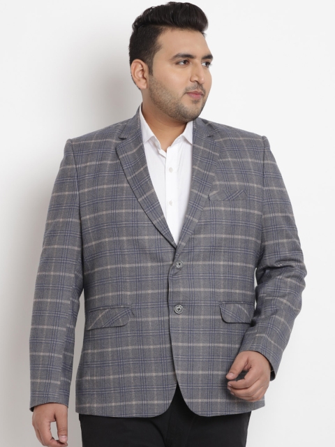 

John Pride Plus Size Men Grey Checked Single-Breasted Blazer