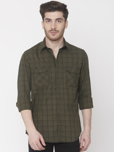 

Mufti Men Olive Green Slim Fit Checked Casual Shirt