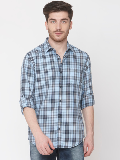 

Mufti Men Turquoise Blue & Black Checked Slim Fit Casual Shirt