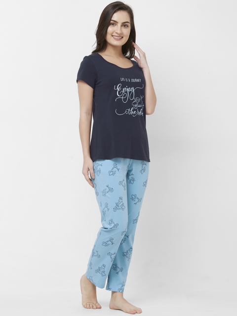 

Mystere Paris Women Navy Blue & Sea Green Printed Night Suit