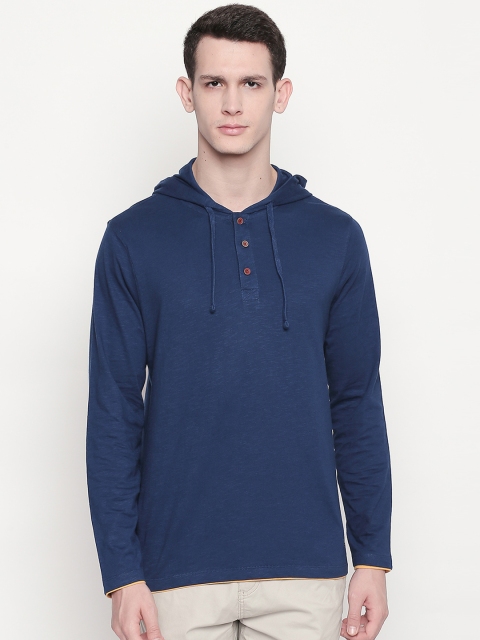 

Urban Ranger by pantaloons Men Blue Solid Hood Pure Cotton T-shirt