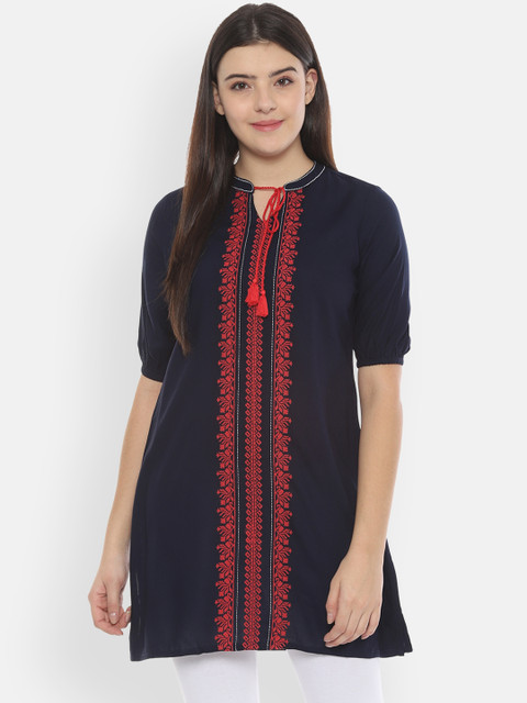 

People Women Navy Blue & Red Embroidered Tunic