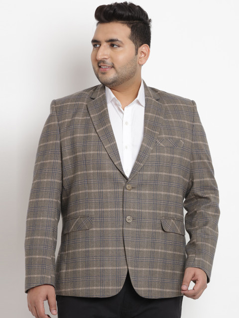 

John Pride Plus Size Men Khaki-Coloured Checked Single-Breasted Blazer