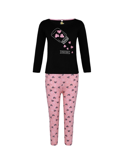 

Punkster Girls Black & Pink Printed Nightsuit
