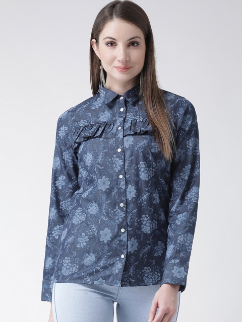 

The Vanca Women Navy Blue Printed Shirt Style Top