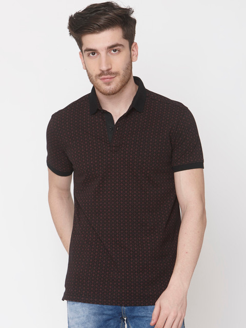 

Mufti Men Red Black Slim Fit Printed Polo Collar Pure Cotton T-shirt