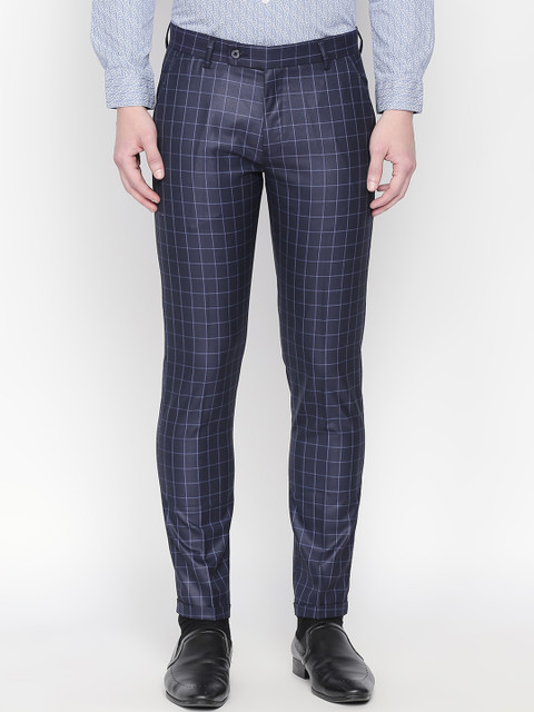 

Solemio Men Blue & White Slim Fit Checked Formal Trousers