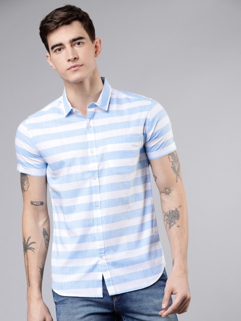 Men White & Blue Slim Fit Striped Casual Shirt