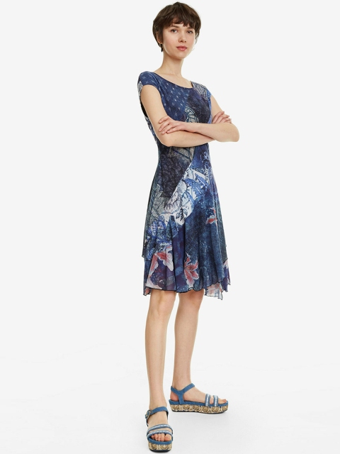 

Desigual Women Printed Blue Fit and Flare Dress