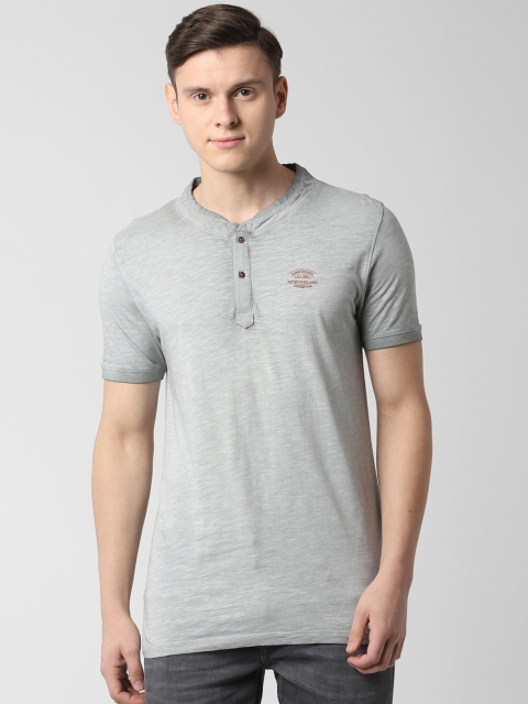 

Peter England Casuals Men Grey Solid Henley Neck T-shirt