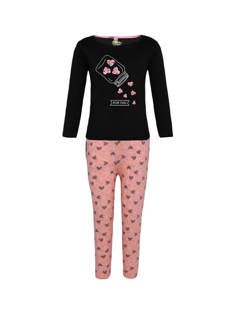 

Punkster Girls Black & Peach-Coloured Printed Nightsuit