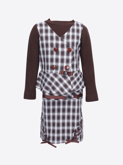 

CUTECUMBER Girls Brown & White Checked Top with Skirt