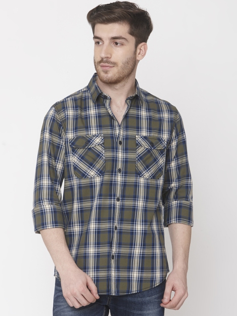 

Mufti Men Olive Green Slim Fit Checked Casual Shirt