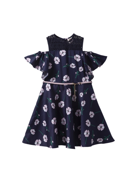 

Cub McPaws Girls Navy Blue Floral Printed Fit and Flare Dress