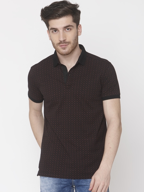 

Mufti Men Maroon Black Slim Fit Printed Polo Collar Pure Cotton T-shirt