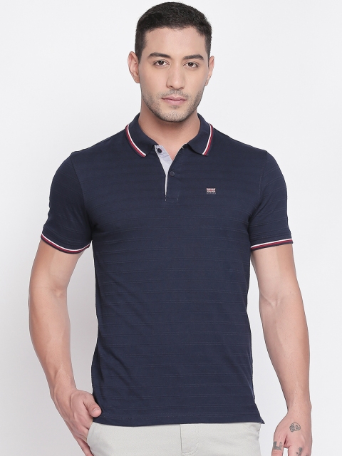 

BYFORD by Pantaloons Men Navy Blue Striped Polo Collar T-shirt