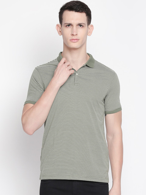 

BYFORD by Pantaloons Men Olive Green Striped Polo Collar T-shirt