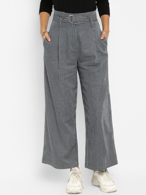 

FOSH Women White & Blue Loose Fit Striped Parallel Trousers