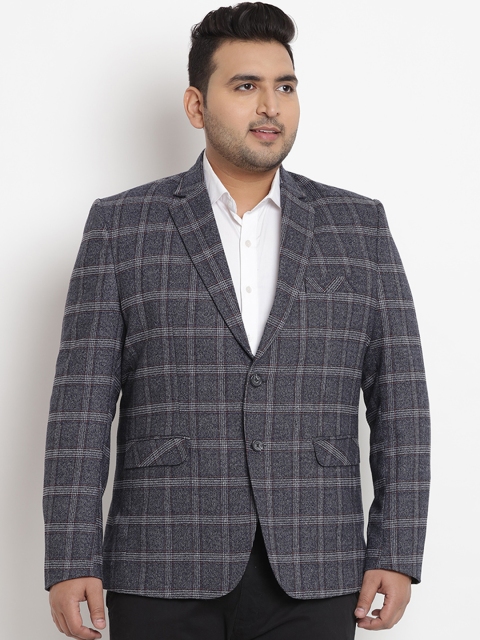 

John Pride Plus Size Men Grey Checked Single-Breasted Blazer