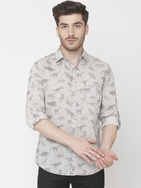 Mufti Men Off-White & Grey Printed Slim Fit Casual Shirt