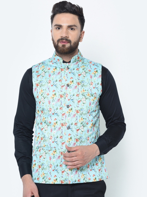 

TAG 7 Men Green Printed Cotton Linen Nehru Jacket
