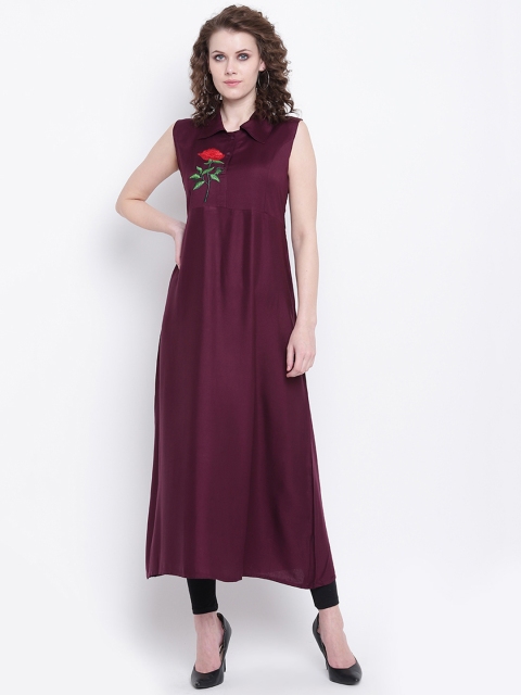 

Napra Women Burgundy Solid Embroidered Detail A-Line Kurta