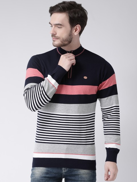

COBB Men Grey & Navy Blue Striped Sweater