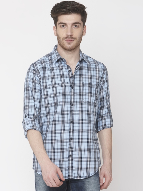 

Mufti Men Turquoise Blue & Black Checked Slim Fit Casual Shirt