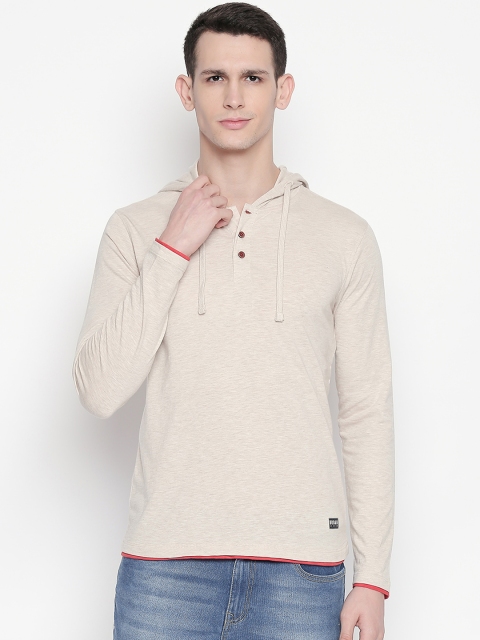 Urban Ranger by pantaloons Men Cream-Coloured Solid Hood Pure Cotton T-shirt