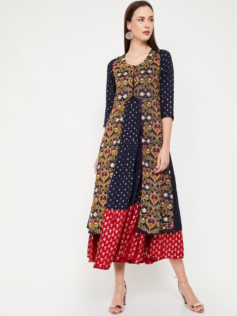 

Melange by Lifestyle Women Navy Blue Embroidered Kurta with Skirt & Dupatta