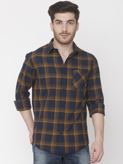 

Mufti Men Navy Blue & Mustard Checked Slim Fit Casual Shirt