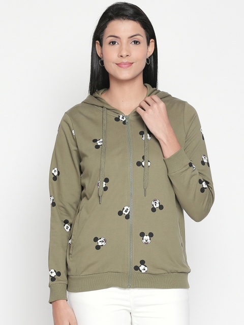 Honey by Pantaloons Women Olive Green & Black Mickey Mouse Printed Hooded Sweatshirt