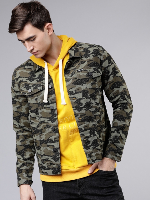 

Ecko Unltd Men Olive Green & Black Camouflage Printed Denim Jacket