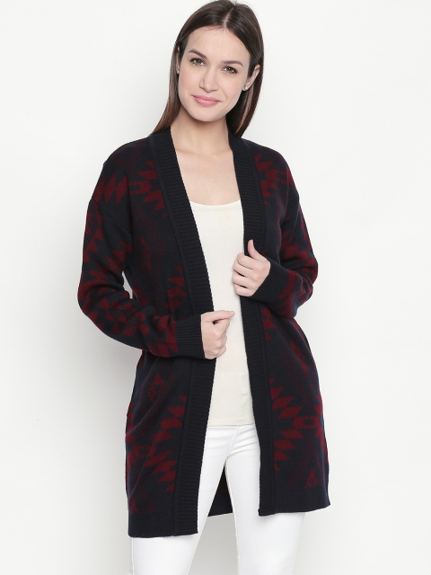 

AKKRITI BY PANTALOONS Women Navy Blue & Red Printed Open Front Shrug