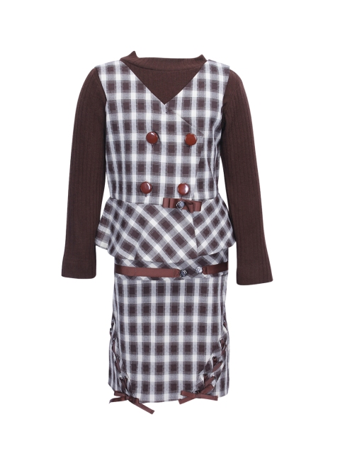 

CUTECUMBER Girls Brown & White Checked Top with Skirt